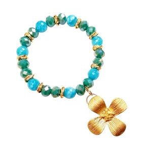 Czech Crystals Beaded Bracelet w/ Gold Plated Flower Charm. NWT